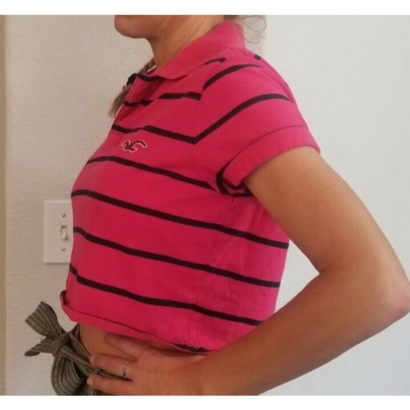 Hollister Pink Blue Striped Cropped Polo Shirt Medium Collared Cute Comfy - Picture 5 of 6